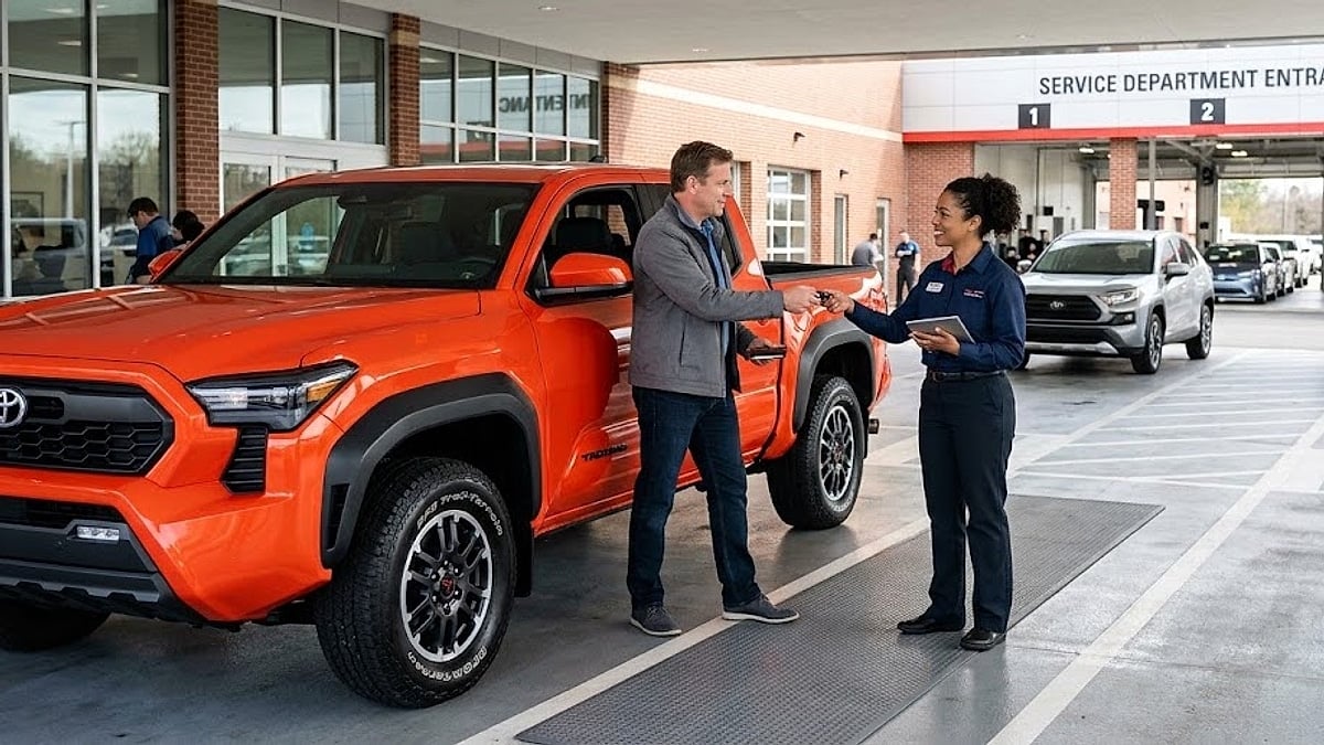 A smiling Toyota service advisor receives the keys to a new orange Tacoma from a male customer in a modern dealership bay