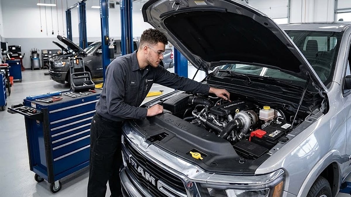 A technician diagnoses a 2026 Ram 1500 Hurricane engine, testing the dual-battery system for hidden key-off parasitic voltage drain