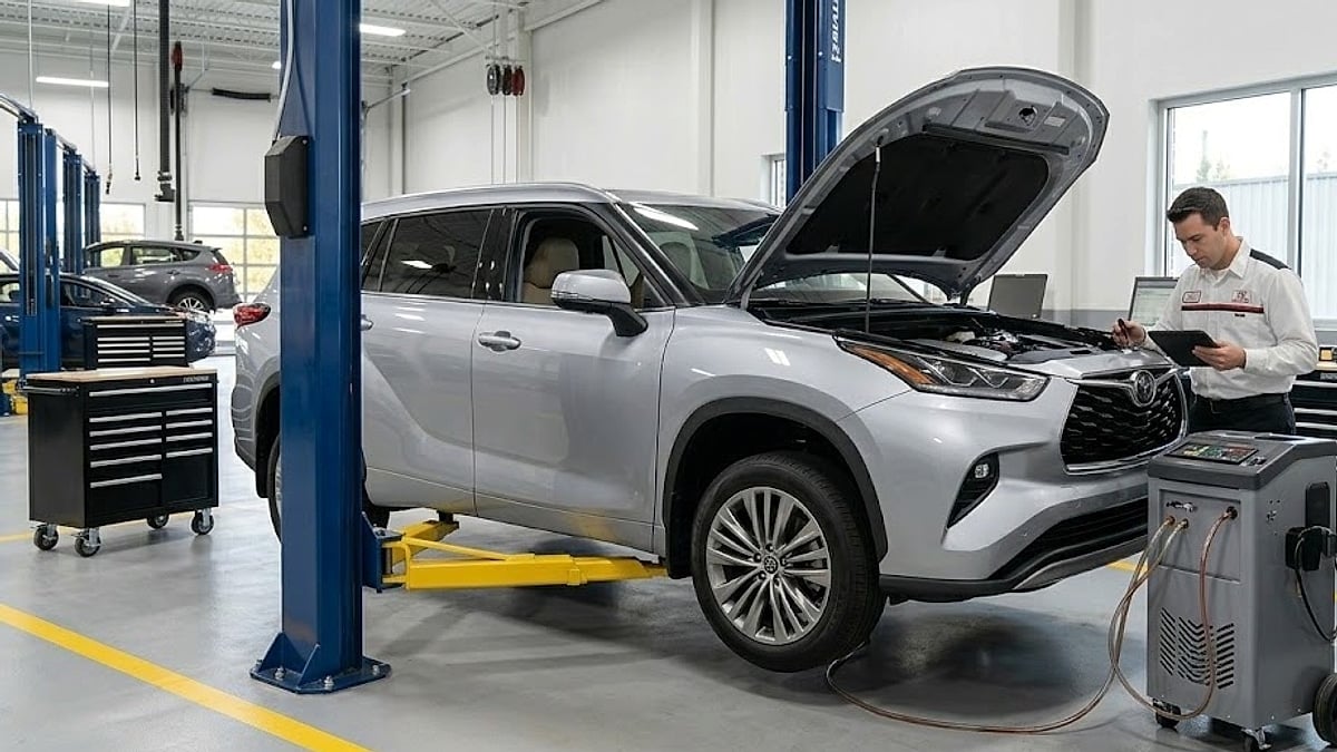 A technician monitors a professional fluid exchange system connected to a 2021 Toyota Highlander for preventative transmission fluid servicing