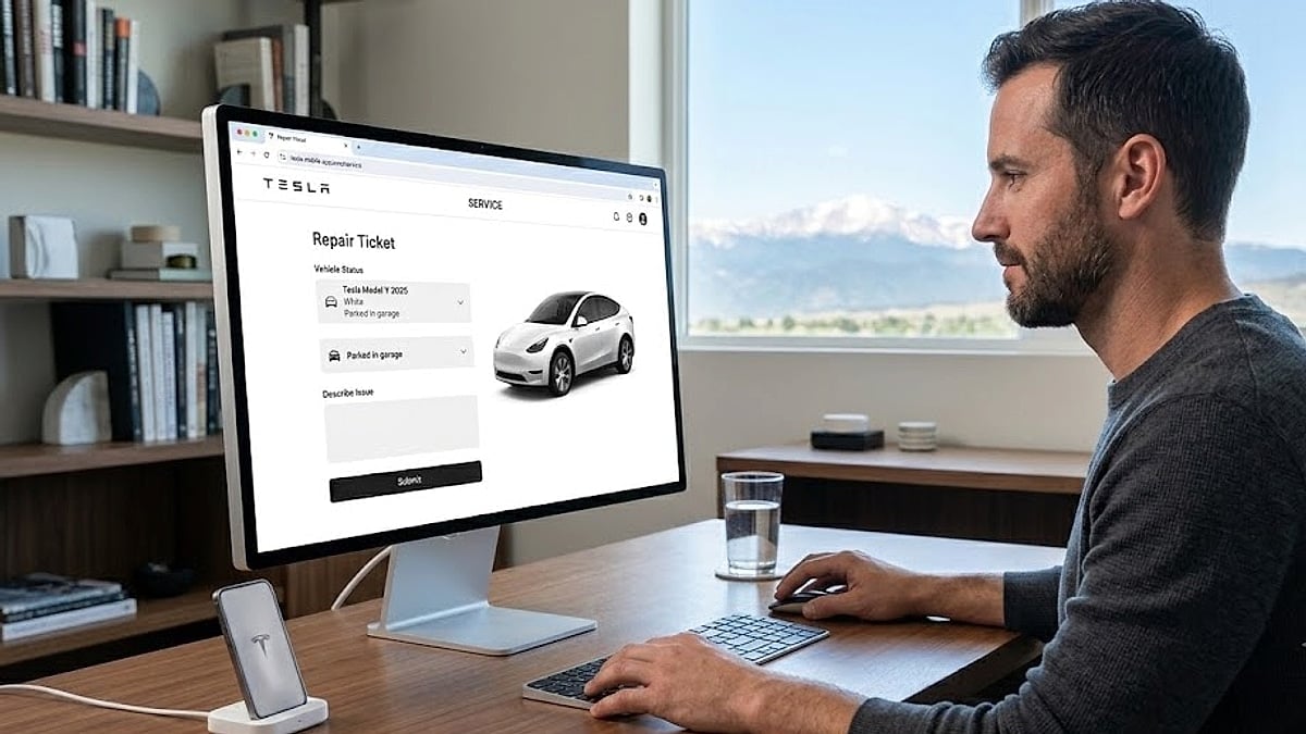 A Tesla Model Y owner inputs specific technical service bulletin numbers into an online portal to request a suspension diagnostic inspection