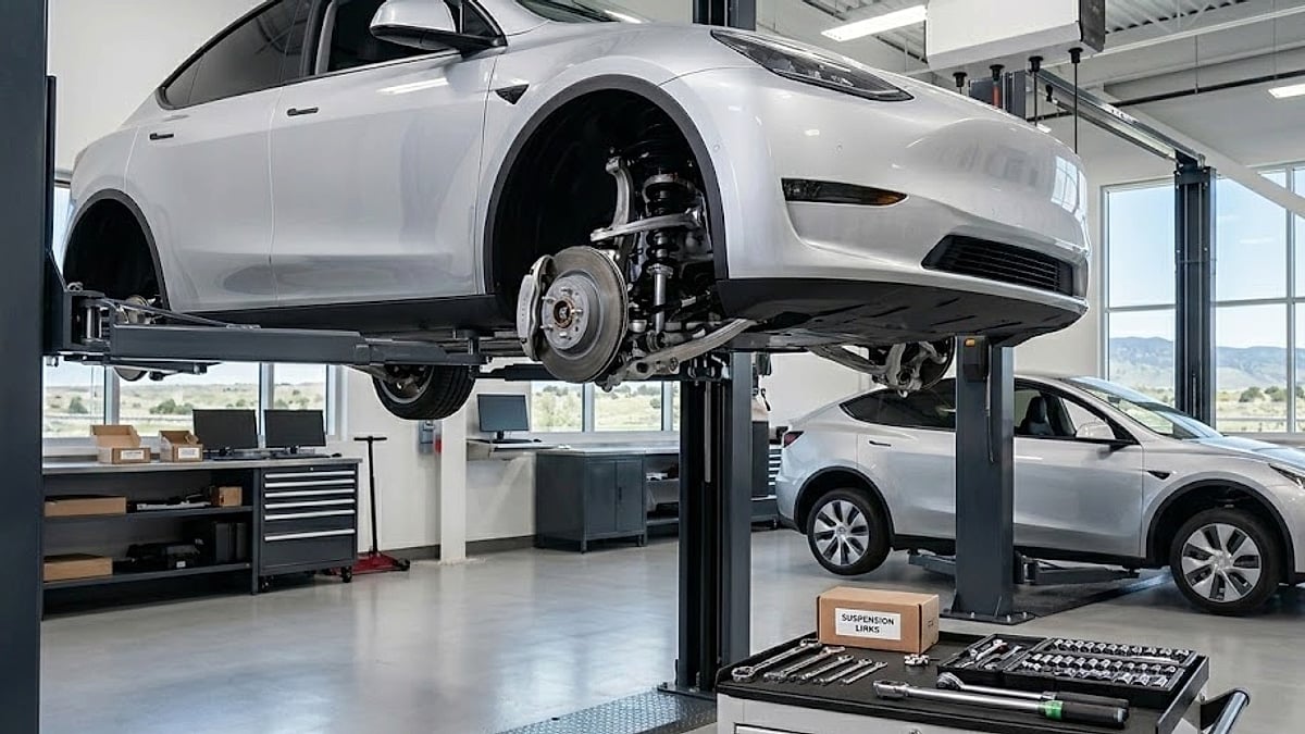 A Tesla service bay setup shows a Tesla Model Y raised on a hydraulic lift for front-end suspension link replacement