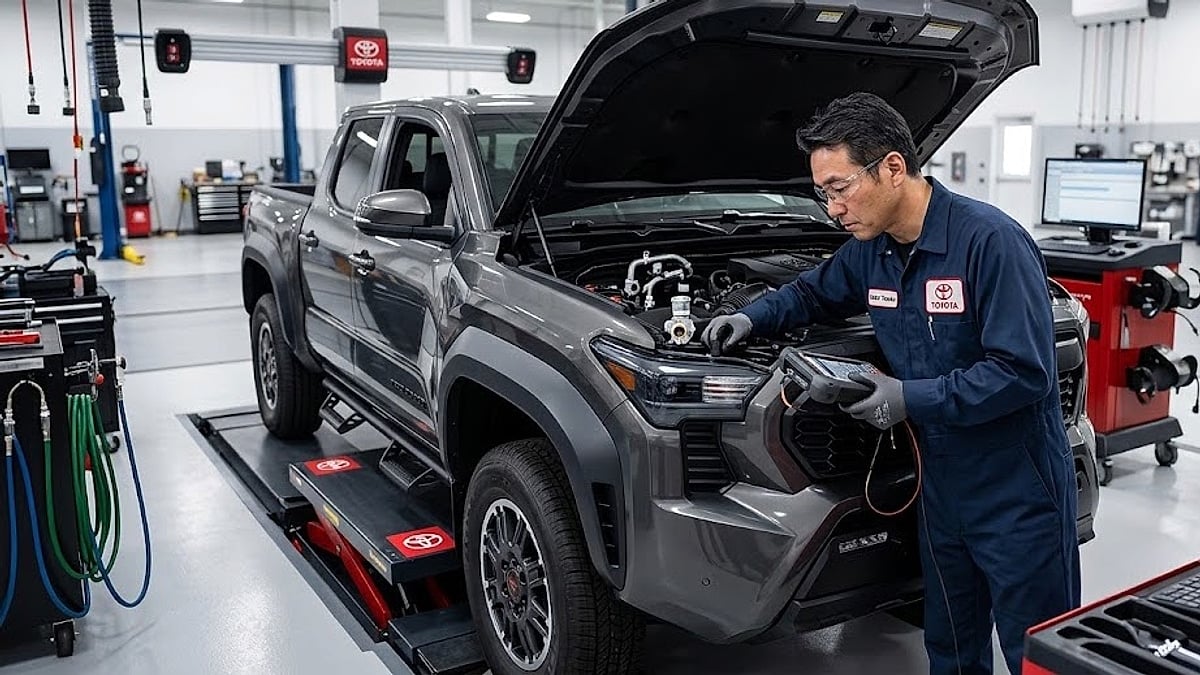 A Toyota engineer in a factory service bay meticulously inspects a 2025 Toyota Tacoma on a lift using diagnostic equipment