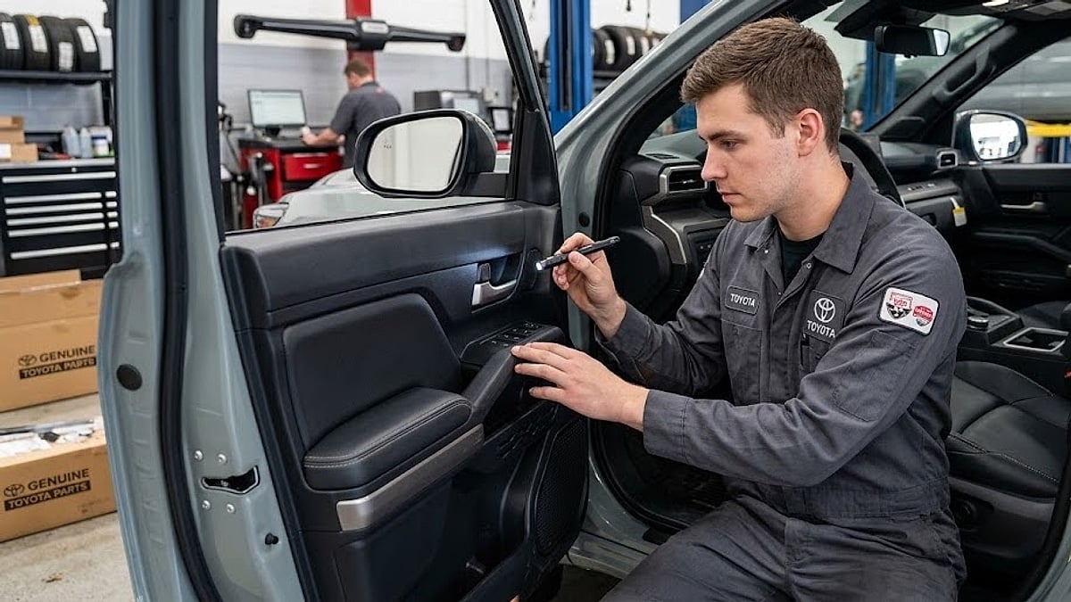 A Toyota lead technician inspects a 2025 Tacoma interior door handle with a flashlight inside a busy dealership service bay