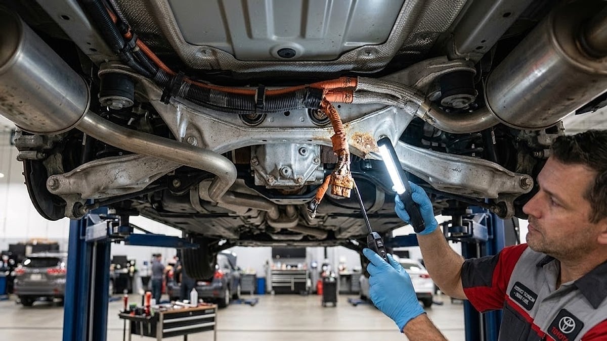 A Toyota mechanic inspecting the highly relevant rear chassis and a corroded component of a RAV4
