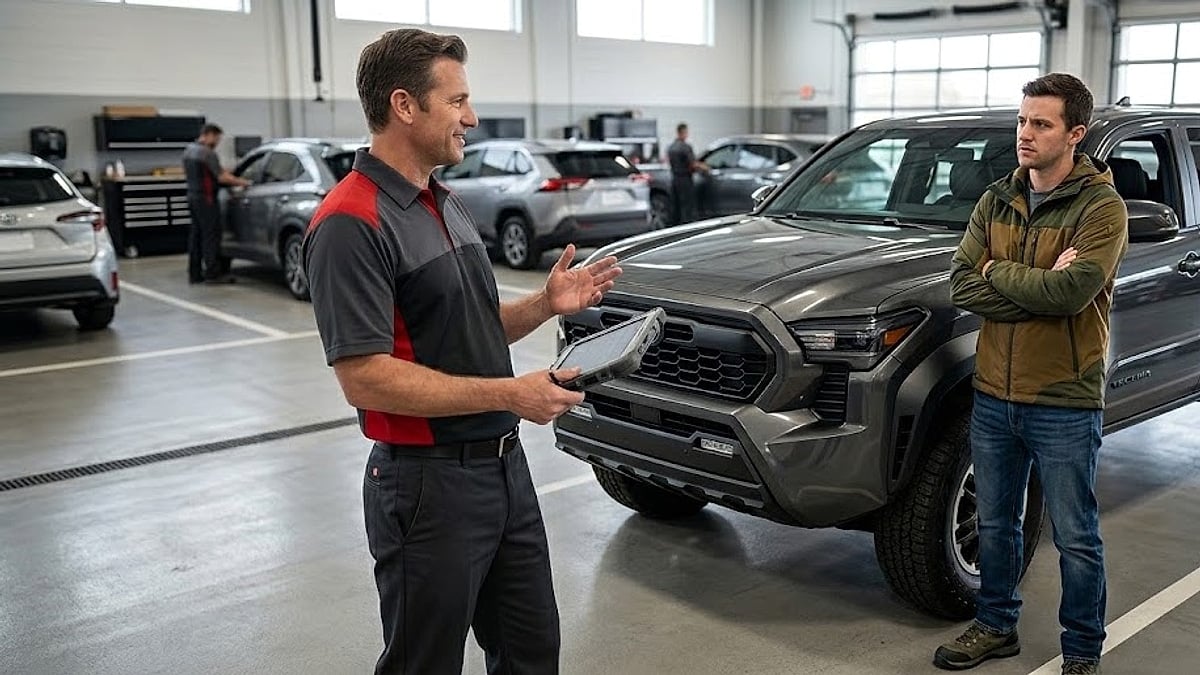 A Toyota service advisor holding a diagnostic tablet speaks with a skeptical Tacoma owner inside a dealership service bay