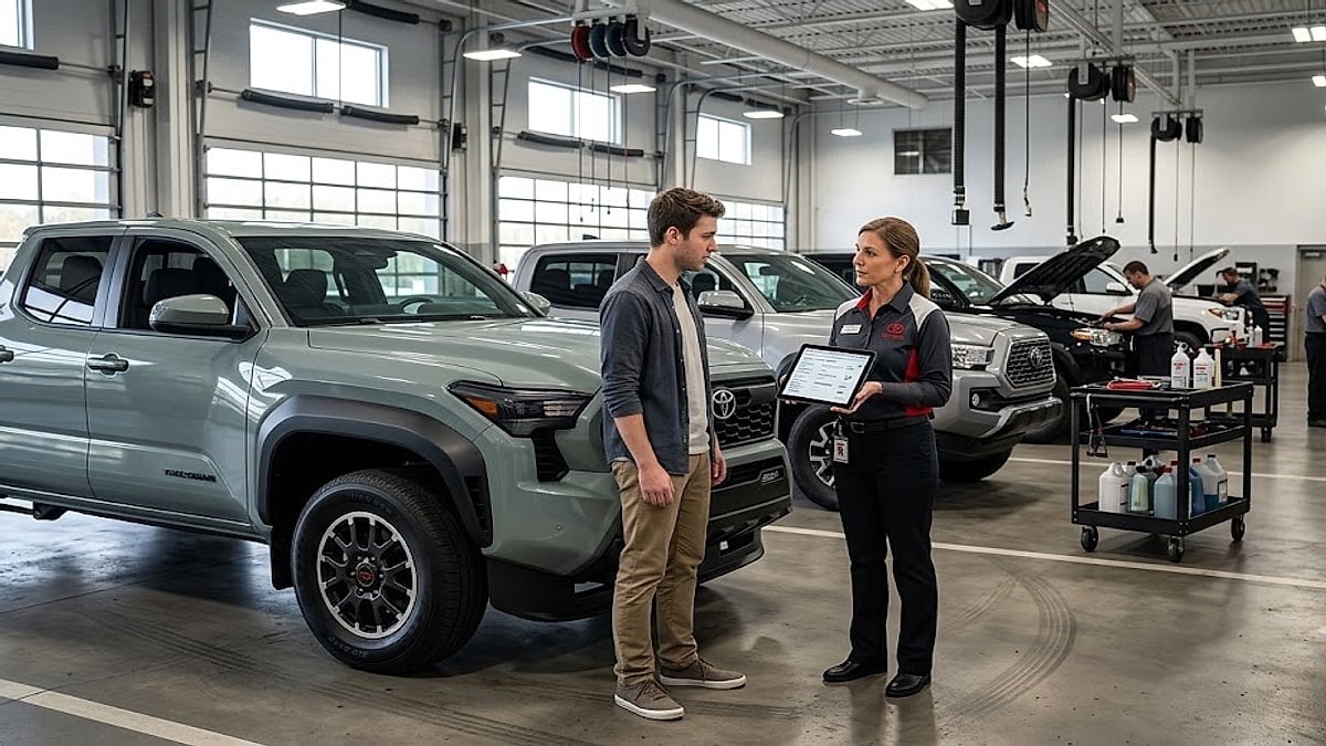 A Toyota Tacoma owner anxiously reviews a digital multi-point inspection checksheet displayed on a tablet by a service advisor