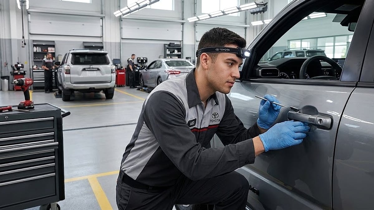 A Toyota technician, wearing a headlamp and blue gloves, inspects the broken door handle on a silver 2025 Tacoma