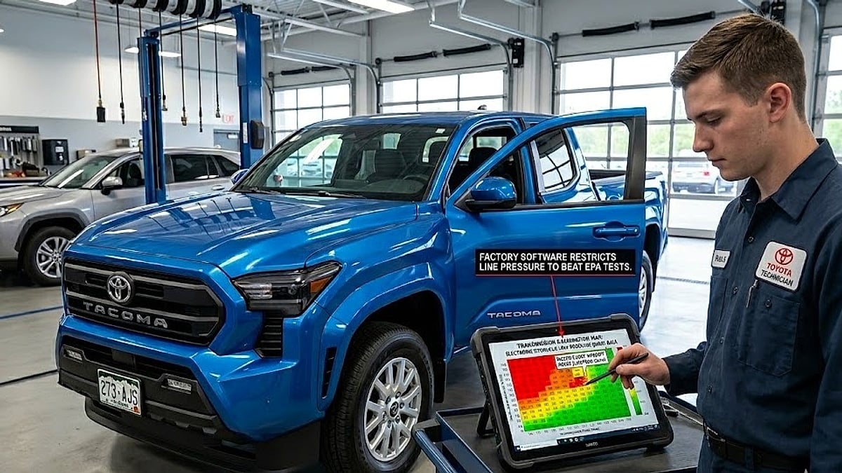 A Toyota technician analyzes a 4th-Gen Tacoma’s electronic transmission calibration software map revealing factory-restricted line pressures during dealer diagnostics