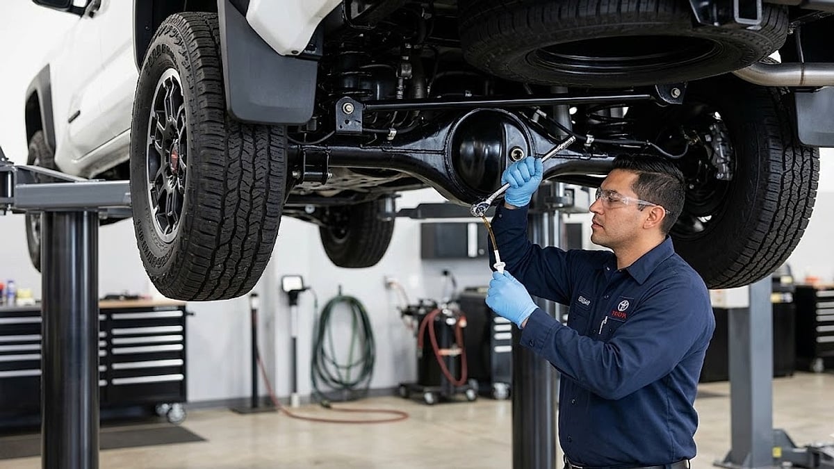 A Toyota technician uses a fluid extraction tool to check rear differential fluid clarity and level on a lifted Tacoma