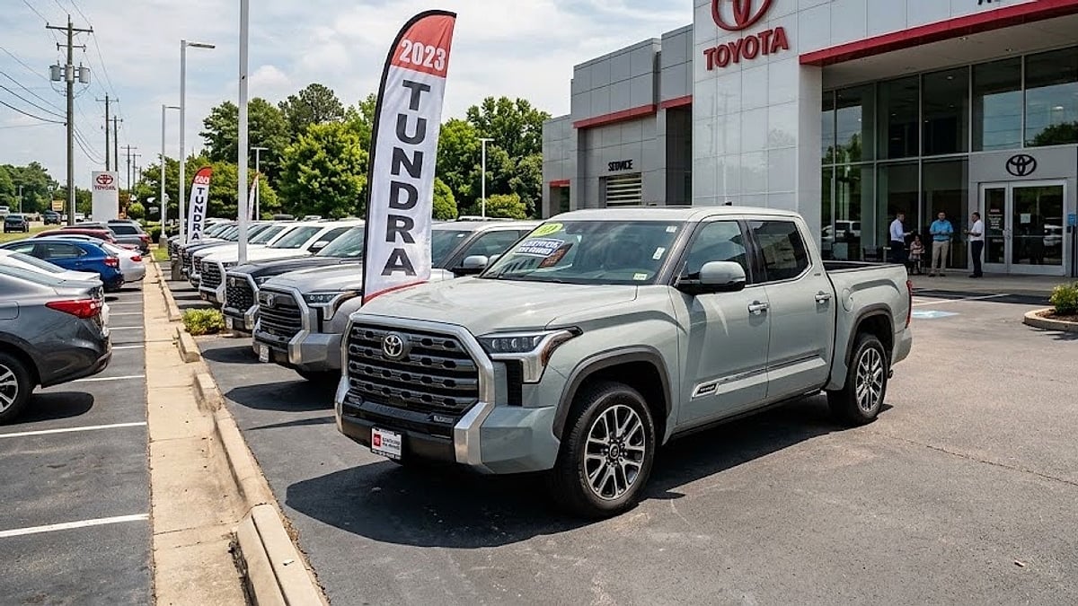 A used 2023 Toyota Tundra Platinum for sale on a dealer lot—a potential deal overshadowed by a critical engine recall