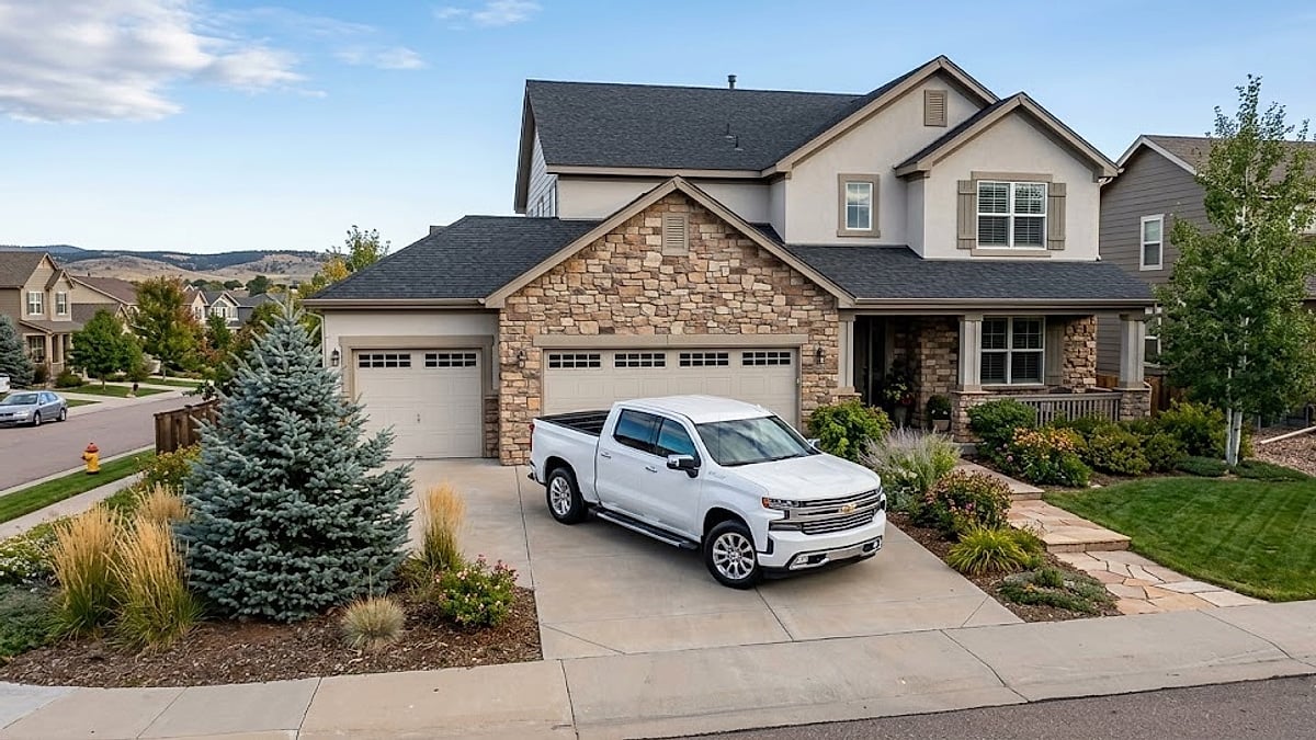 A white 2021 Chevy Silverado crew cab truck parked on a concrete driveway of a suburban stone-accented Colorado home