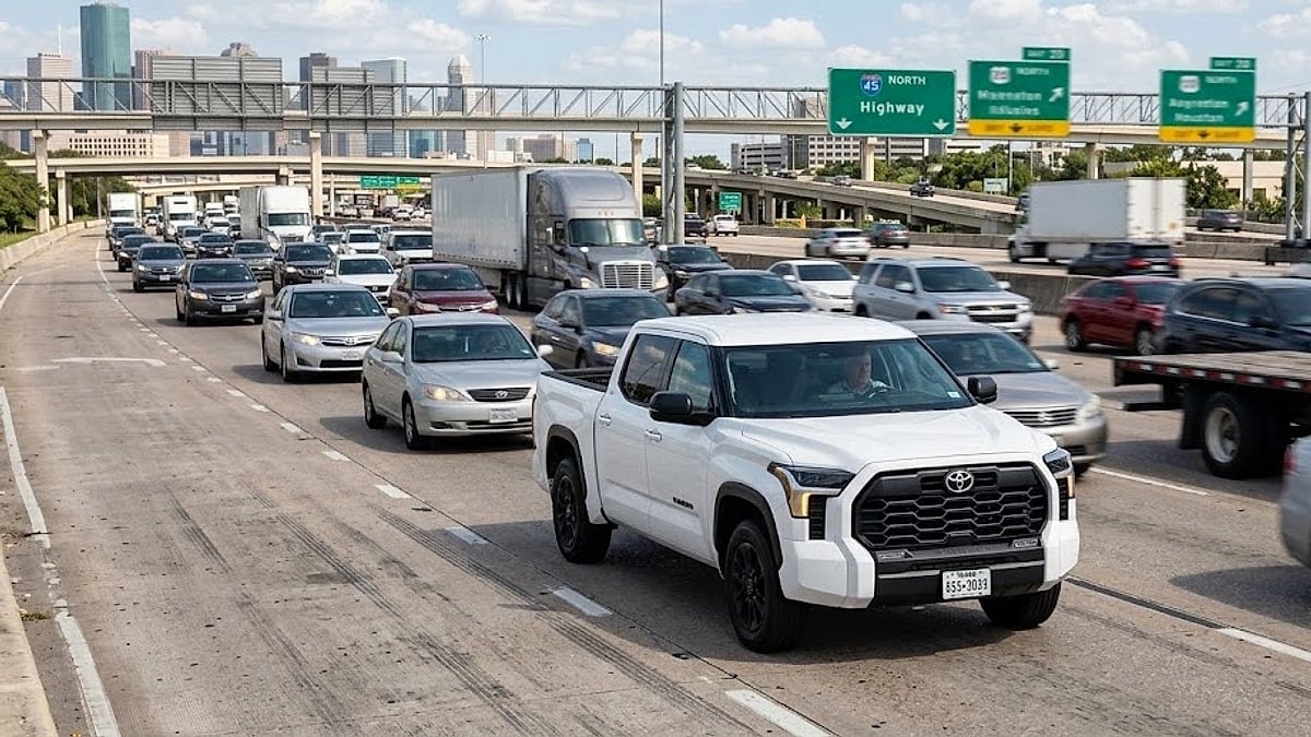A white 2023 Toyota Tundra pickup merges into dense, high-speed traffic on a multi-lane Houston freeway