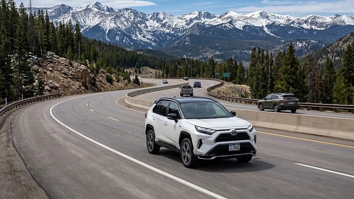A white 2025 Toyota RAV4 Hybrid drives along the scenic winding road of Vail Pass, Colorado, amidst snowy mountain peaks