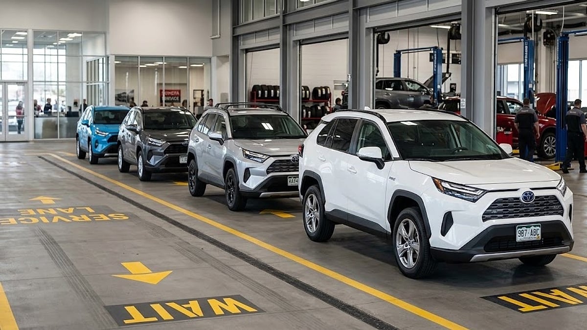 A white 2025 Toyota RAV4 Hybrid leads a queue of vehicles waiting inside a dealership's active indoor service lane
