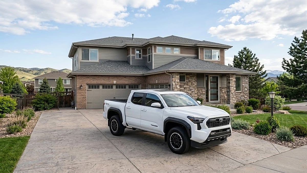 A white 2025 Toyota Tacoma TRD Off-Road 4x4 pickup truck is parked in the driveway of a multi-story Colorado suburban home