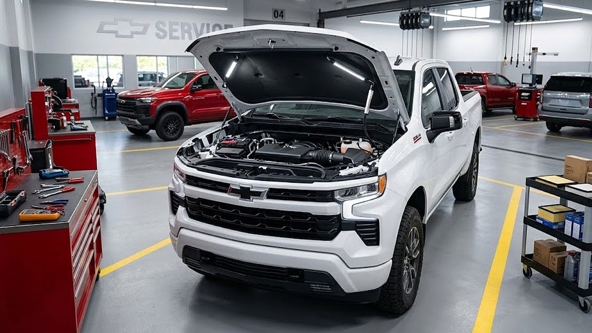 A white 2026 Chevrolet Silverado has its hood raised in a busy, well-lit GM service center for technical engine inspection