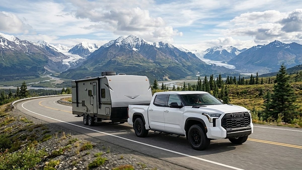 A white 2026 Toyota Tundra pulls a large travel trailer up a winding high-altitude mountain highway amidst snowy peaks