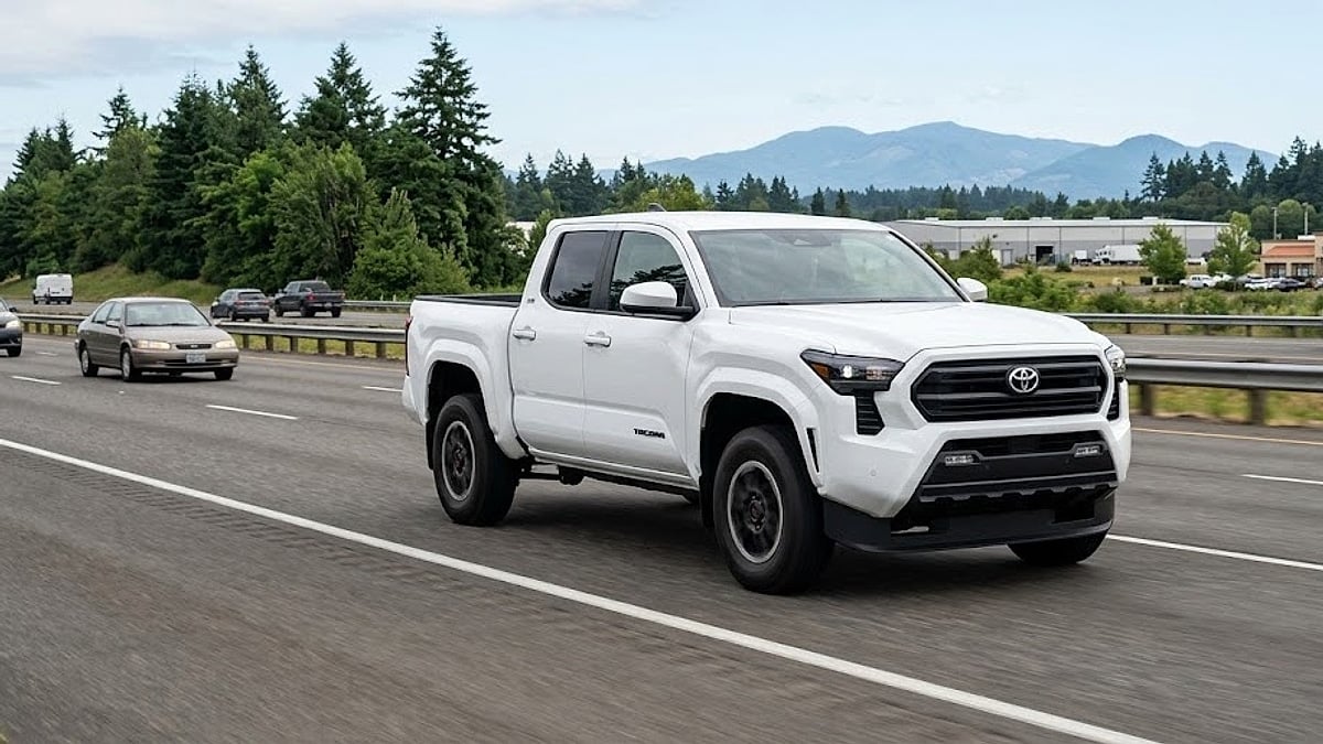 A white 4th-generation Toyota Tacoma SR5 driving on a multi-lane highway with evergreen trees and distant mountains in Oregon