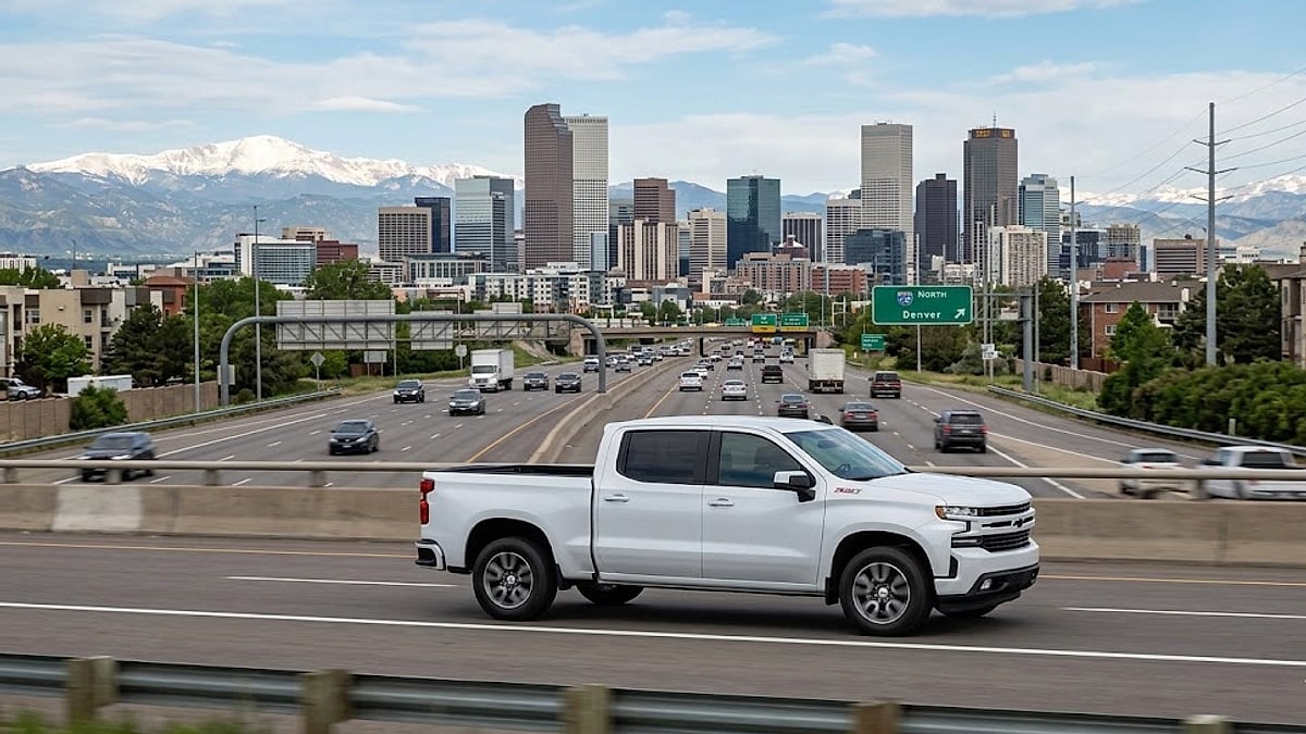 A white Chevrolet Silverado pickup truck drives on a busy highway with the Denver skyline and Rocky Mountains in the background