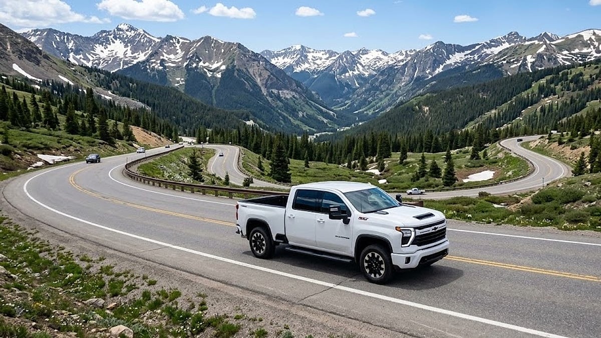 A white Chevrolet Silverado pickup truck drives on a winding mountain road, Vail Pass, surrounded by the snowy Colorado Rockies under a bright blue, cloudy sky