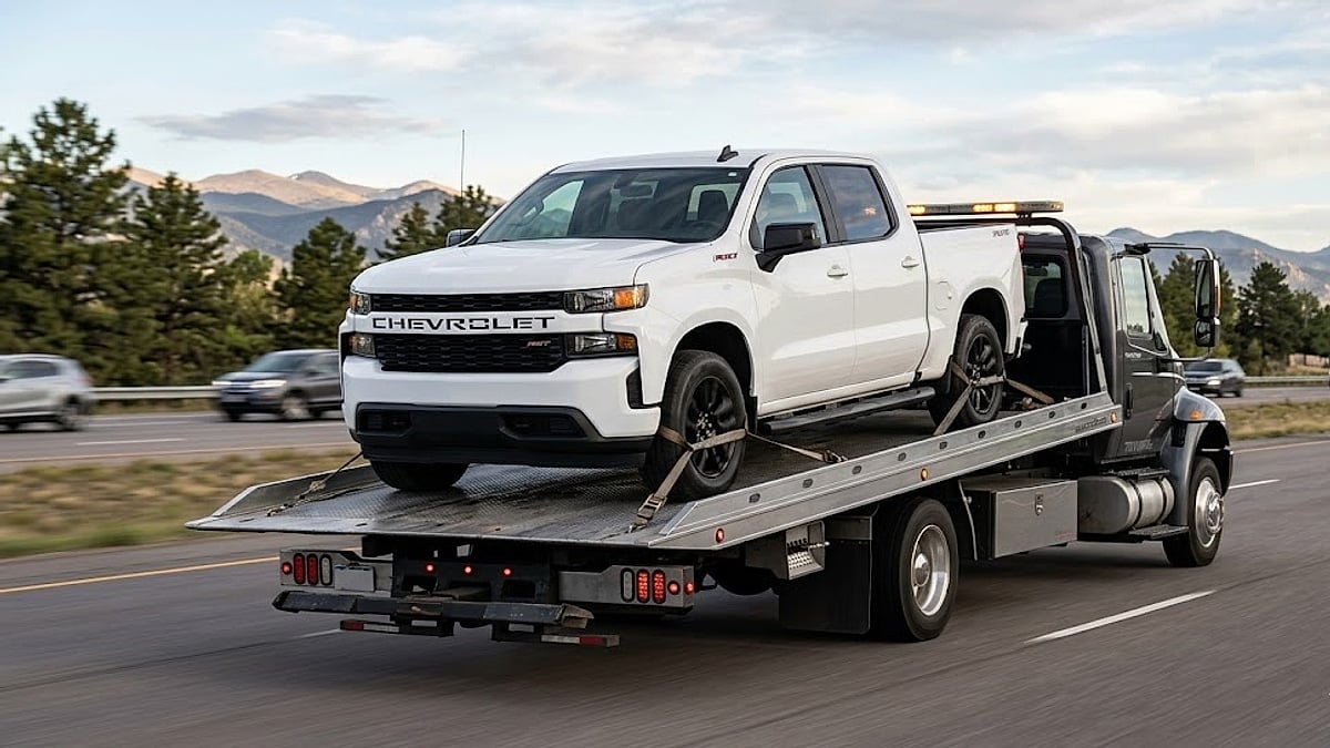 A white Chevrolet Silverado pickup truck is transported on a flatbed tow truck on a highway with mountain views