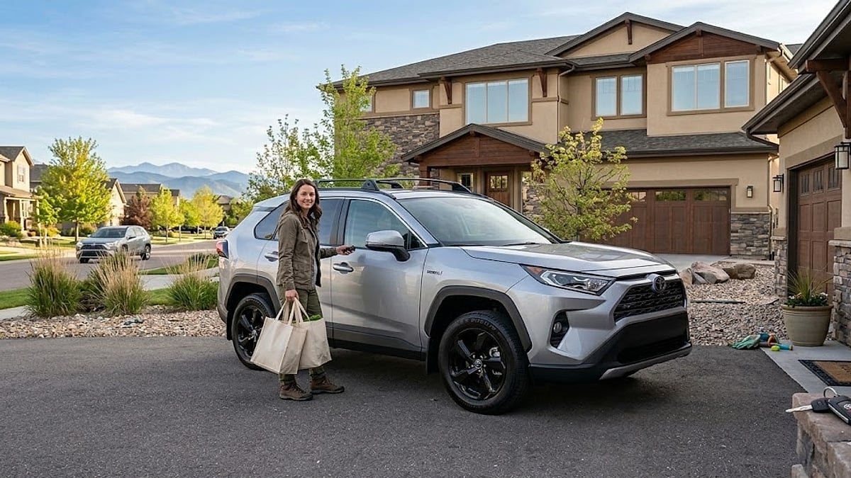 A woman in a leafy suburban driveway unloads groceries from her silver Toyota RAV4, highlighting everyday vehicle utility and residential life