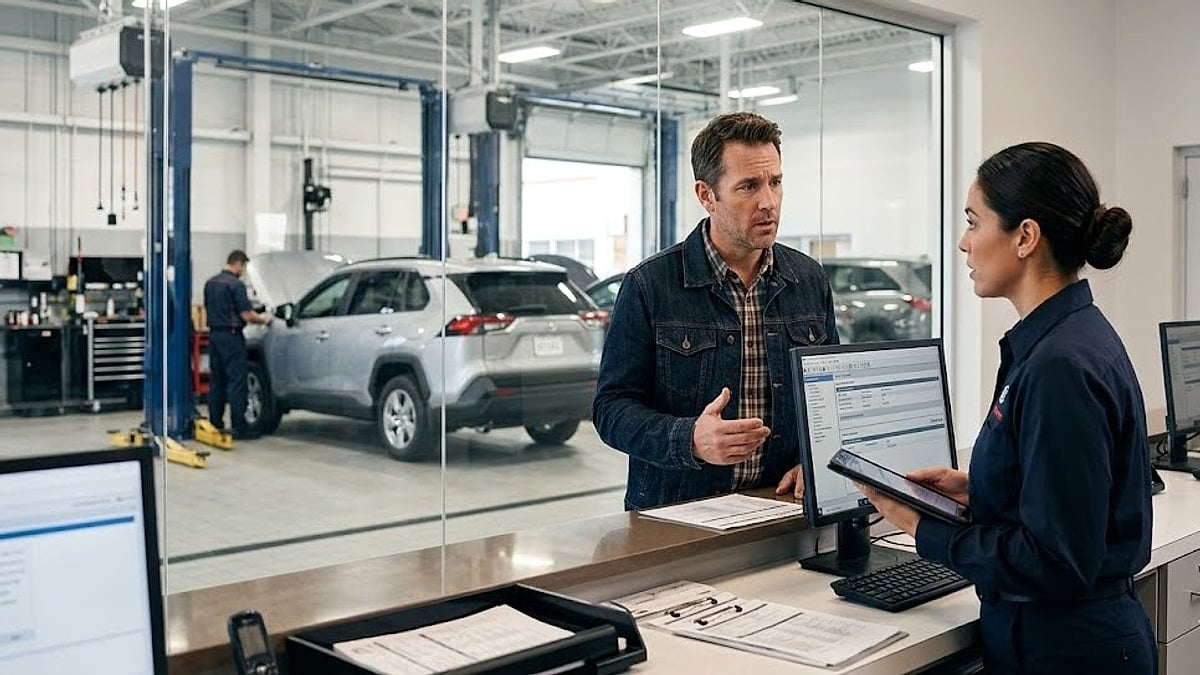A worried 2025 RAV4 owner discusses a lengthy service delay with an advisor at a busy dealership counter