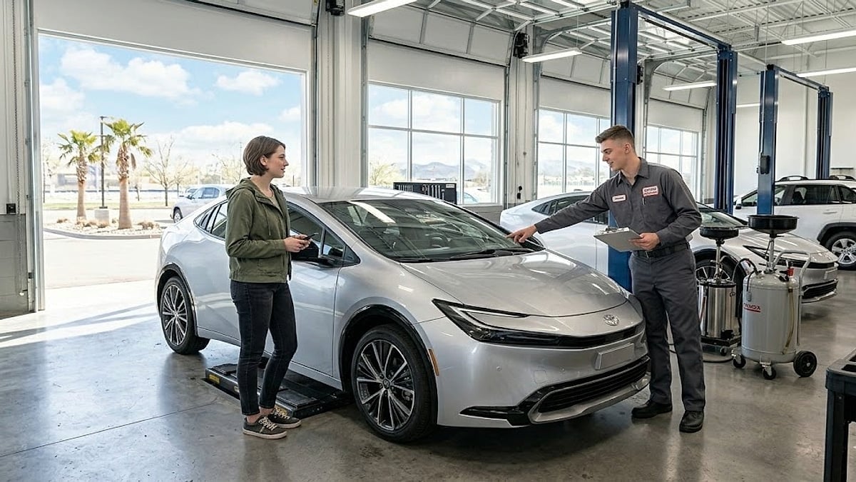 A young female customer in a green jacket discusses her silver 2026 Toyota Prius check-in with a smiling Toyota service advisor