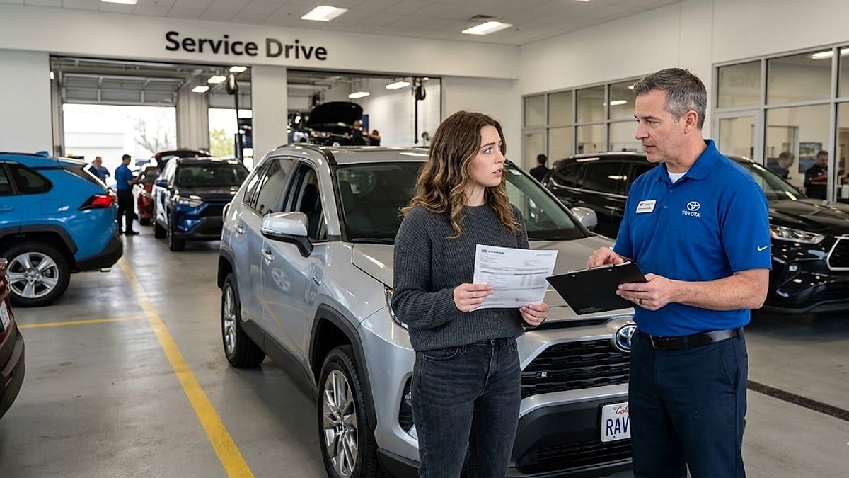 A young RAV4 owner discusses a high dealer maintenance quote with a service advisor during a 30,000-mile check-up