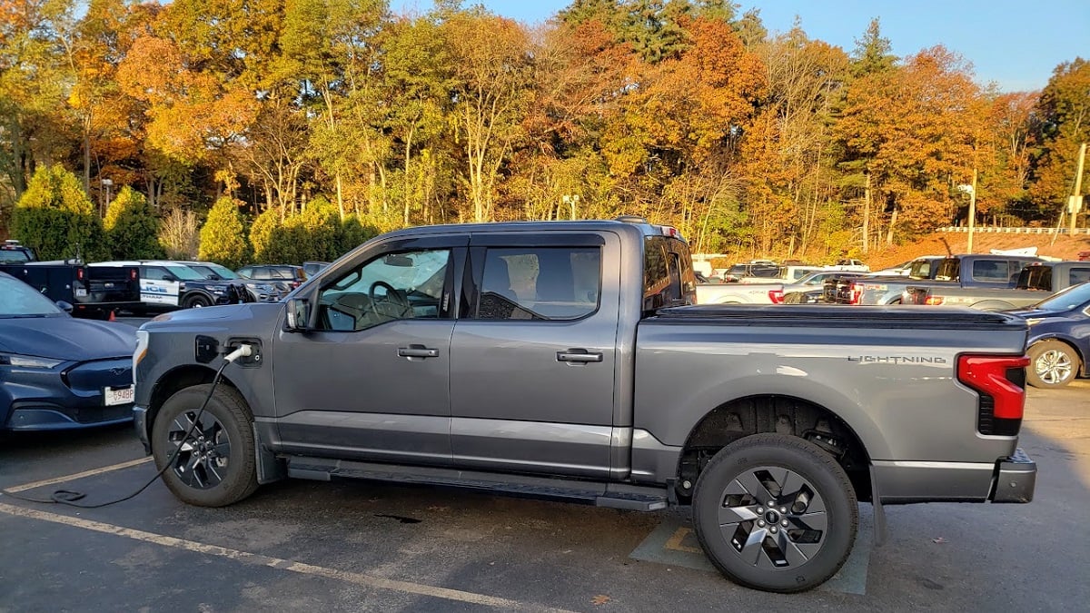F-50 Lightning charging at a Ford dealership