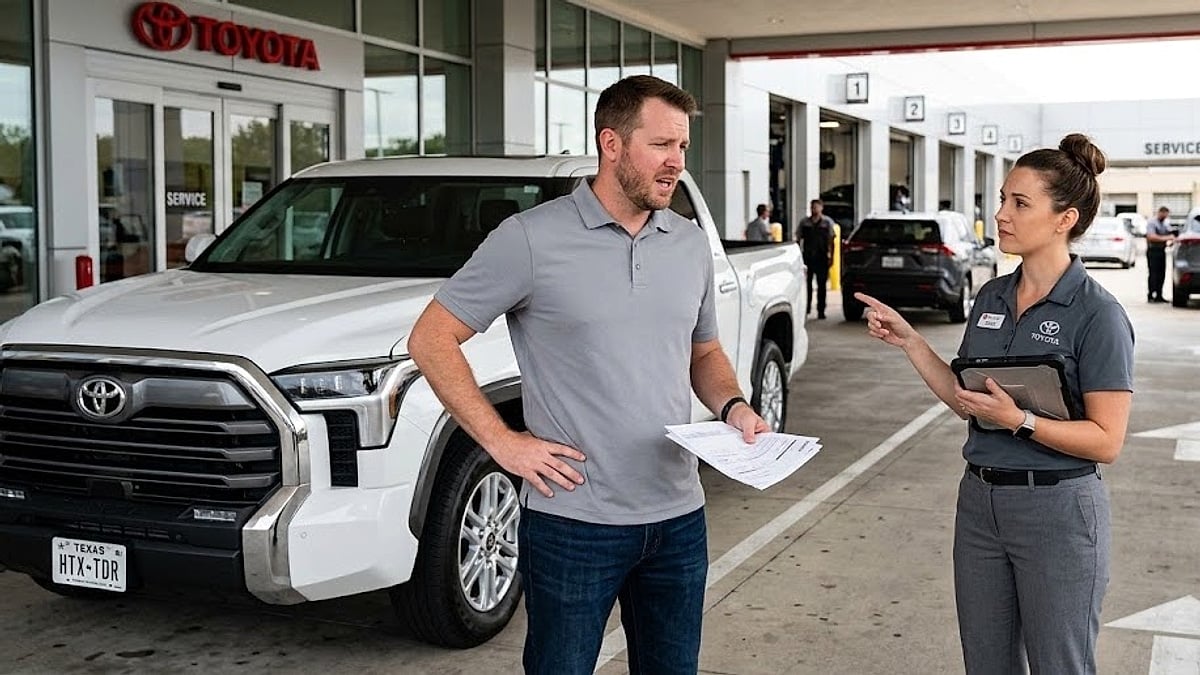 An anxious Tundra owner debates a Toyota service advisor over a blocked software update inside a busy dealership service bay