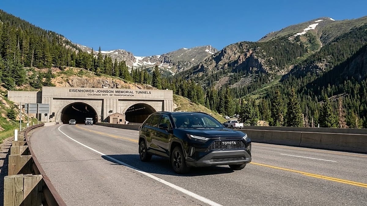 An black next-generation Toyota RAV4 prototype undergoes high-altitude validation at Colorado's Eisenhower Tunnel
