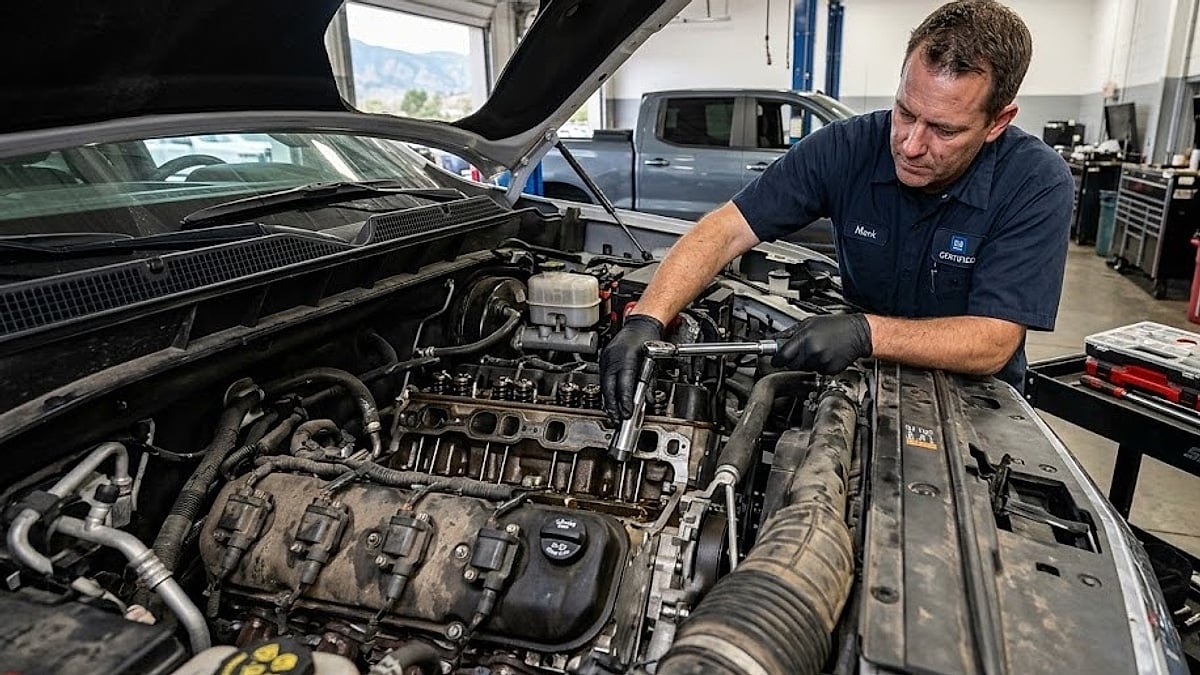 An expert mechanic replaces a faulty cylinder head lifter while leaving the opposite engine block bank untouched during a repair