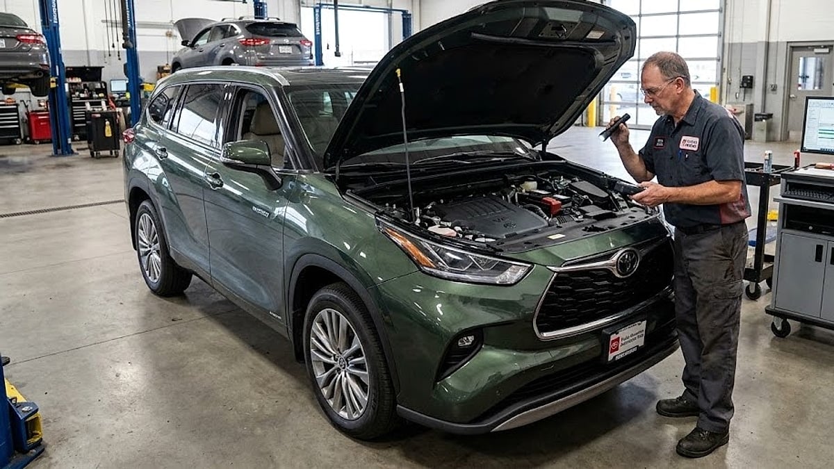 An expert technician inspects a 2023 Toyota Highlander Platinum's open engine bay for transmission issues inside a dealership service center