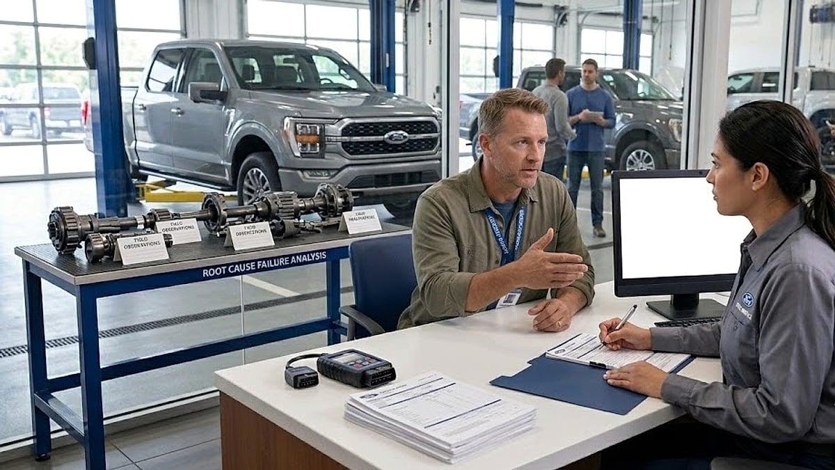 An F-150 owner discusses transmission shifting issues with a service advisor at a dealership desk, backed by an active service bay
