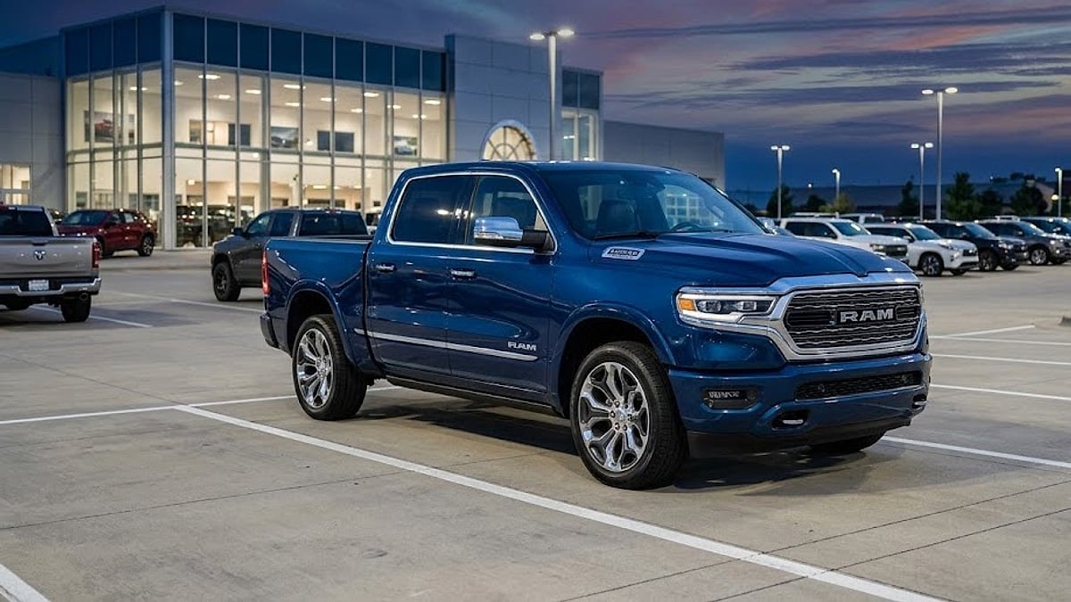 An immaculate blue 2025 Ram 1500 Limited pickup truck parked on a modern dealership lot during twilight