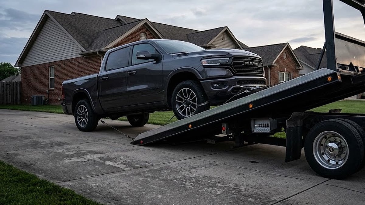 An immobile 2025 Ram 1500 pickup truck being winched onto a commercial flatbed tow truck in a residential driveway