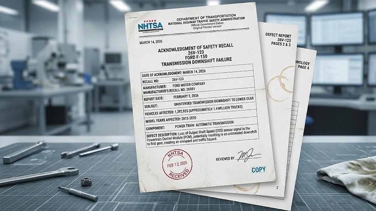 An official NHTSA acknowledgment document detailing the safety recall and technical defect description for 1.4 million Ford F-150 trucks