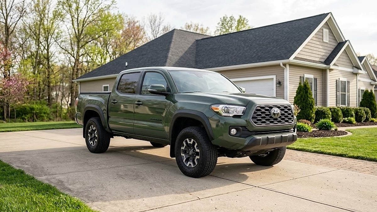 Army green 2023 Toyota Tacoma TRD Off-Road truck parked in a suburban home driveway in Columbiana, Ohio