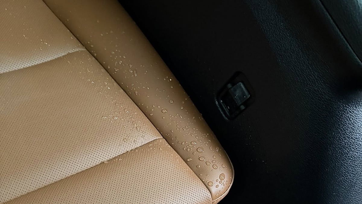 Water droplets visible on the beige interior seat of a Kia Telluride after a leak.