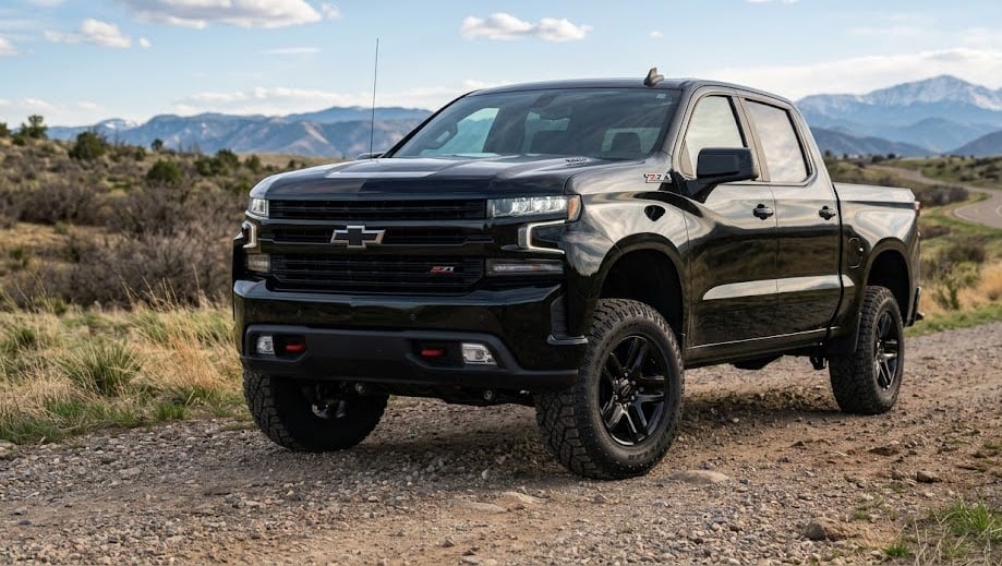 Black 2022 Chevy Silverado Trail Boss - A detailed view of a black 4WD truck parked on a rugged mountain trail.