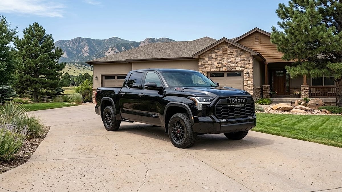 Black 2026 Toyota Tundra TRD Pro truck parked on a concrete driveway in front of a modern suburban Colorado mountain home