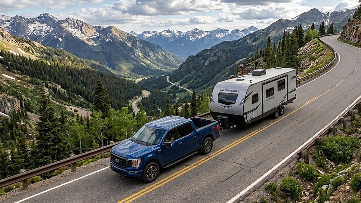 Blue Ford F-150 towing a travel trailer up a winding Colorado mountain pass, showcasing truck's capability and stunning alpine vistas