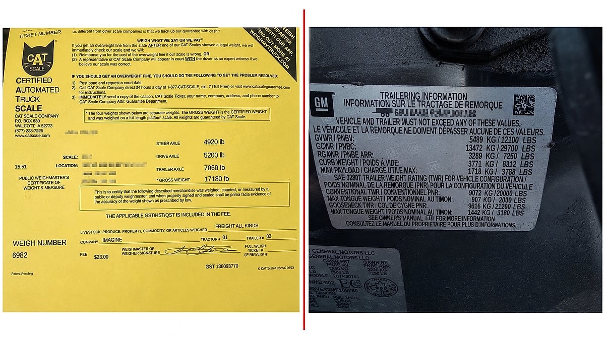 Comparison graphic showing a CAT Scale weight ticket beside a GMC trailering information label.