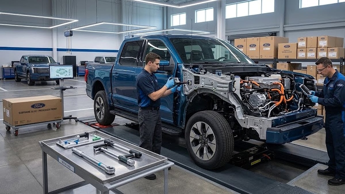 Certified collision repair technicians inspect exposed aluminum subframe structural components on a compact electric pickup inside a service bay