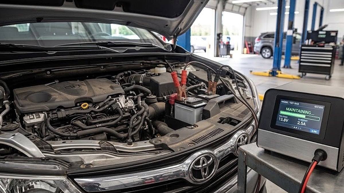 A close-up photograph capturing an automotive battery under-the-hood, with professional positive and negative clamps attached during a diagnostic maintaining session