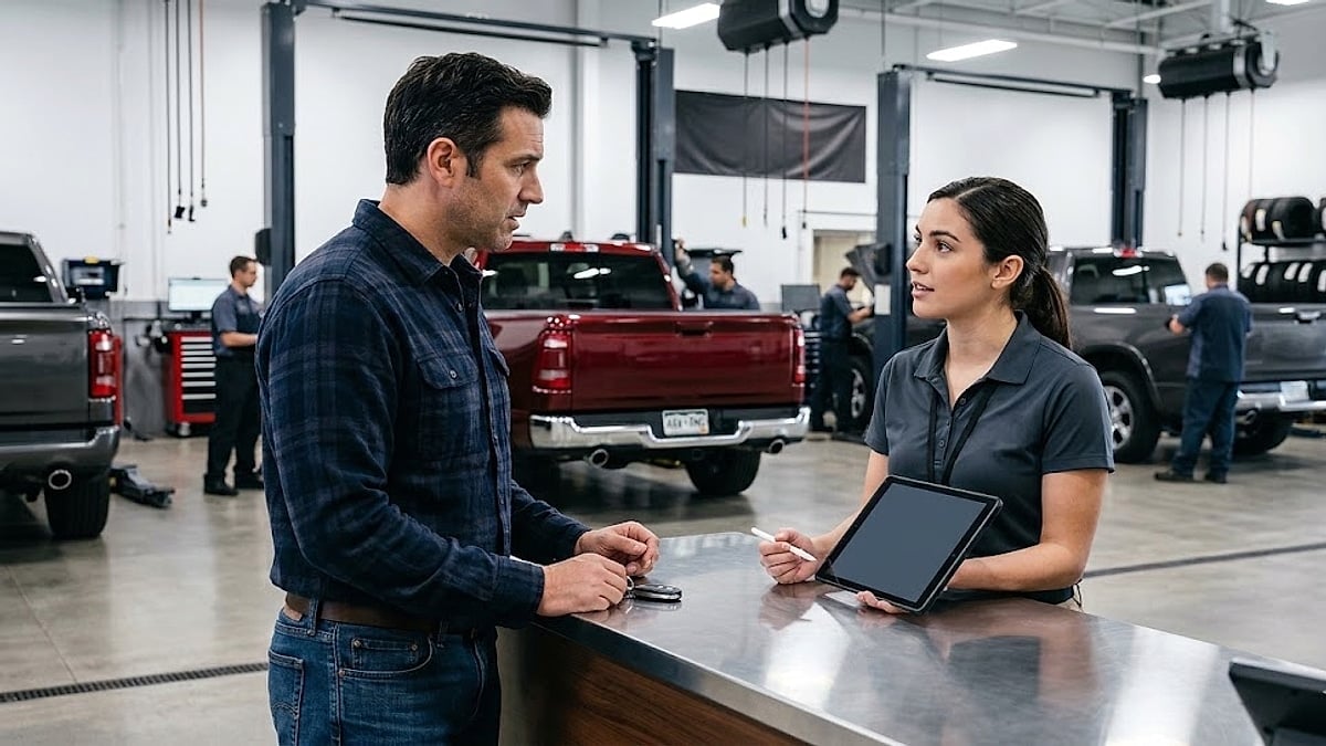 Concerned RAM 1500 owner discusses eTorque hybrid warranty and rapid truck depreciation with a dealership service advisor in the shop
