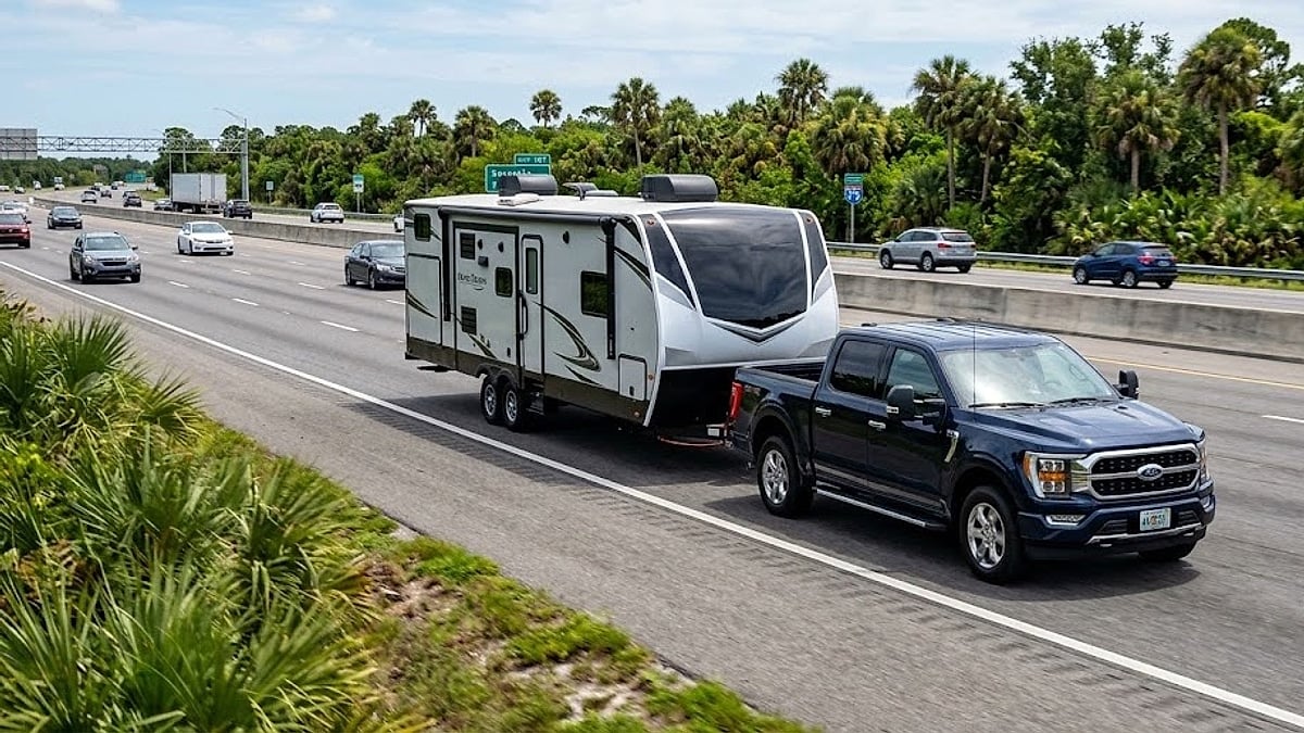 Dark blue 2025 Ford F-150 towing a white fifth-wheel travel trailer on a multi-lane Florida highway with traffic and palm trees