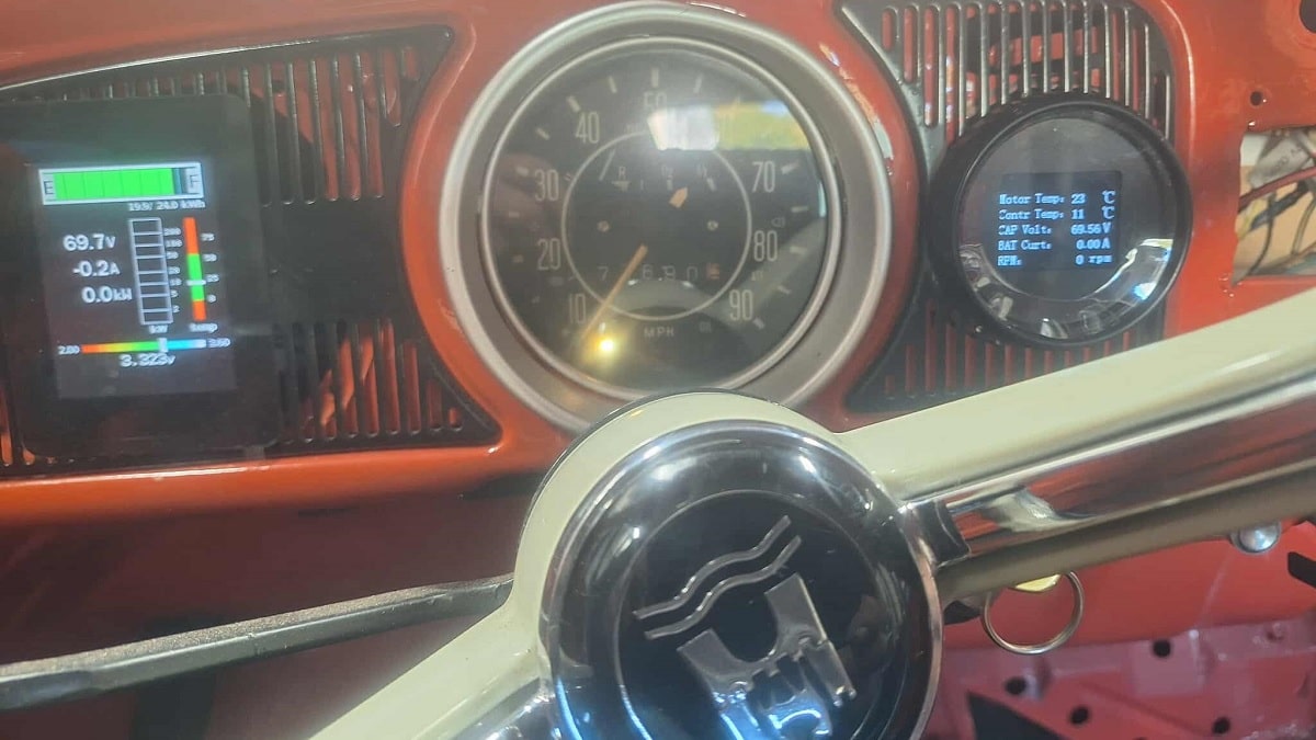 Dashboard of a 1976 VW Super Beetle converted to Electric