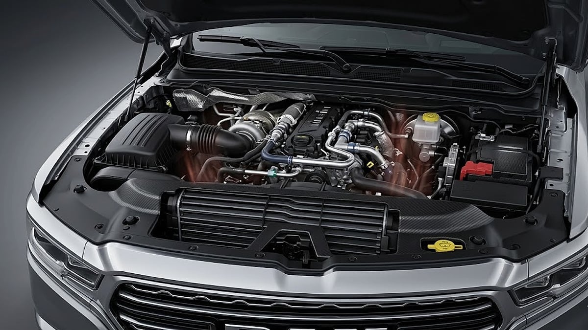 Detail of the 2026 Ram 1500’s complex 3.0-liter Hurricane engine and active grille shutter system